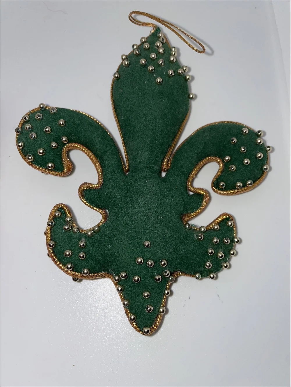 2 vintage Christmas ornaments velvet red green gold Santa Fleur De Lis